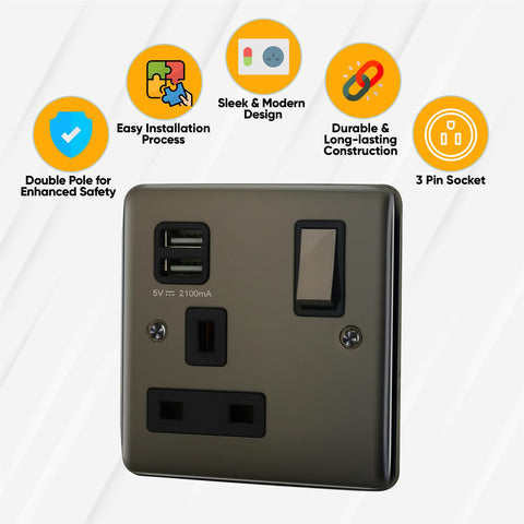 Standard Plate Switches and Sockets USB Plug Nickel Steel Rounded Corners Fused