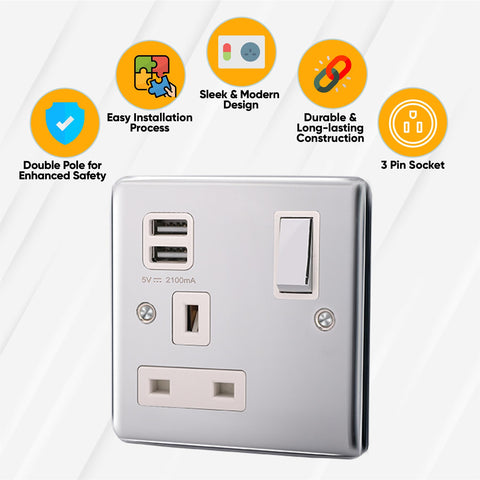 Standard Plate Switches and Sockets USB Plug Nickel Steel Rounded Corners Fused