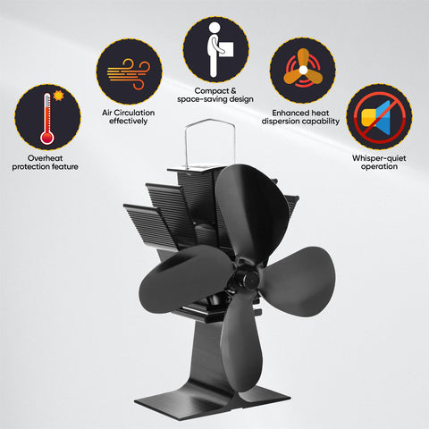 4 Blade Heat Powered Stove Fan Black for Efficient Heating