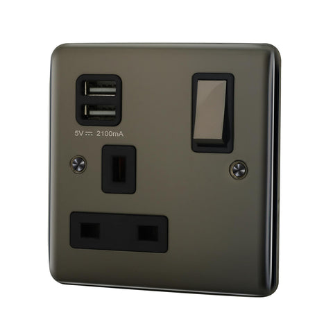 Standard Plate Switches and Sockets USB Plug Nickel Steel Rounded Corners Fused