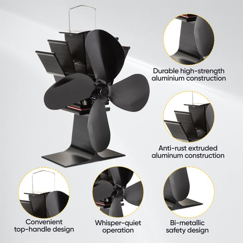 4 Blade Heat Powered Stove Fan Black for Efficient Heating