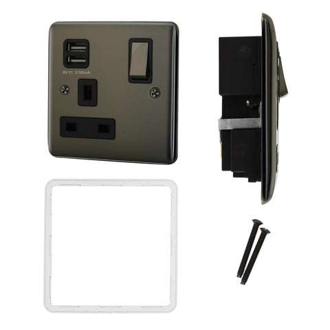 Standard Plate Switches and Sockets USB Plug Nickel Steel Rounded Corners Fused