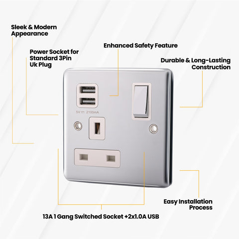 Standard Plate Switches and Sockets USB Plug Nickel Steel Rounded Corners Fused