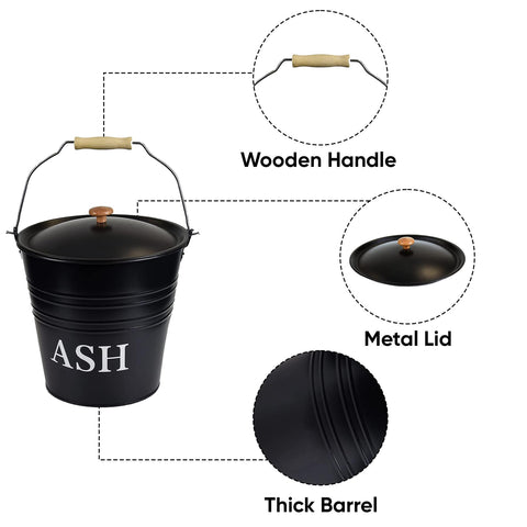 10L Metal Ash Bucket Fireside Storage Coal Bin Skuttle With Lid Fire Log