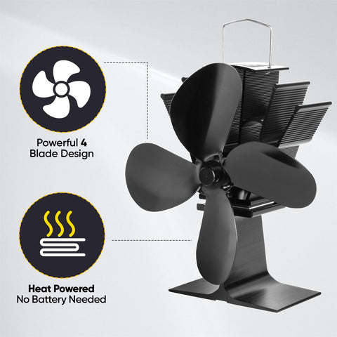 4 Blade Heat Powered Stove Fan Black for Efficient Heating