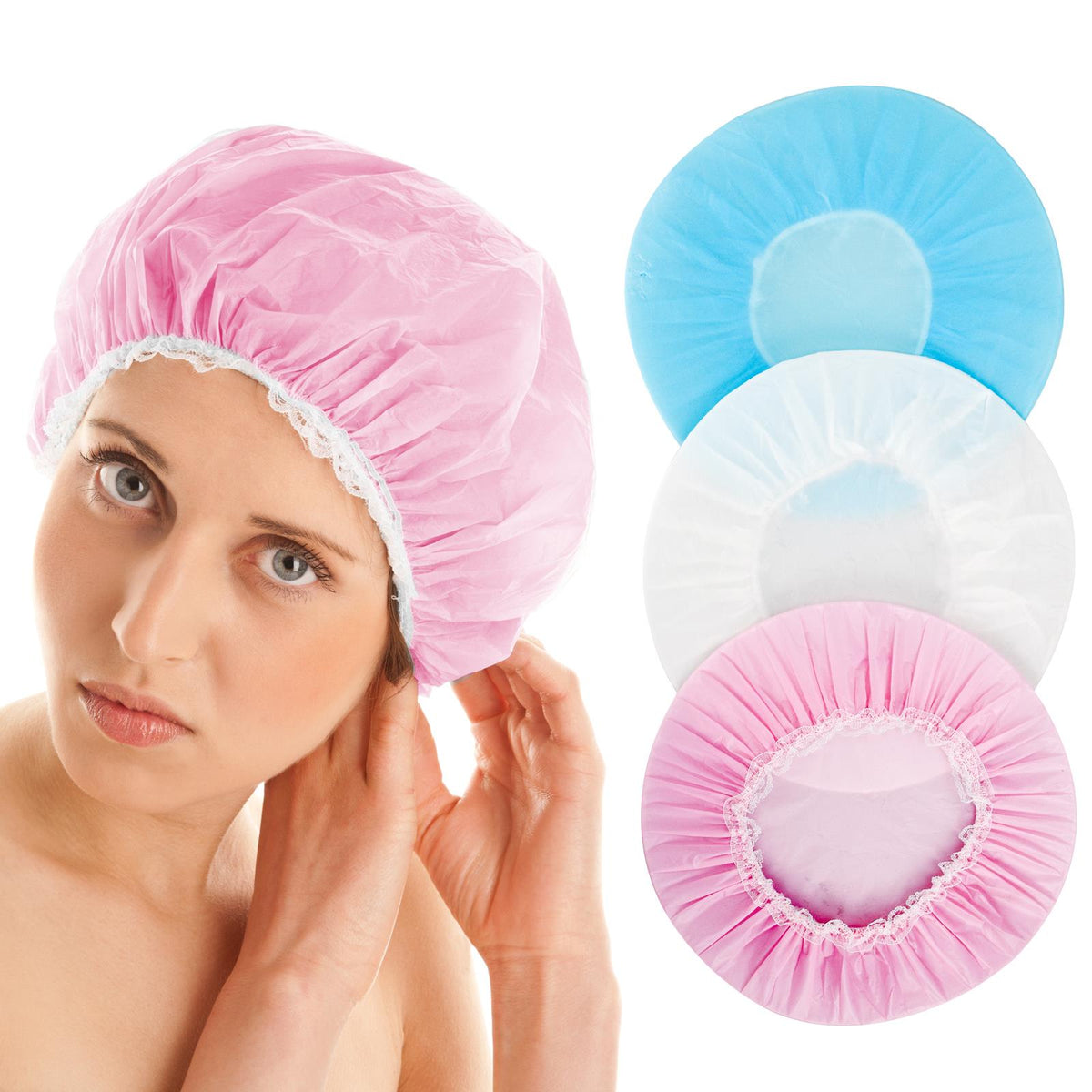 Blue Pink White Shower Caps