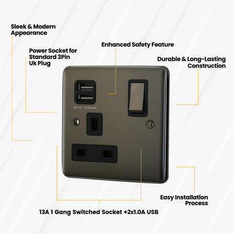 Standard Plate Switches and Sockets USB Plug Nickel Steel Rounded Corners Fused