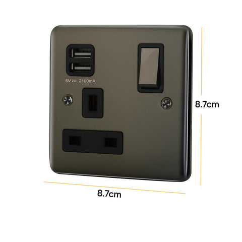 Standard Plate Switches and Sockets USB Plug Nickel Steel Rounded Corners Fused