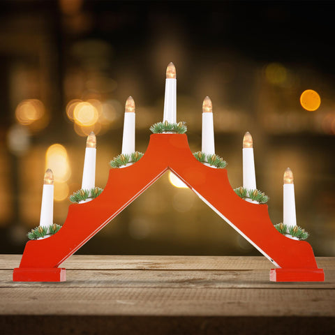 Battery Operated 7 Led Wood Candle Bridge - Red