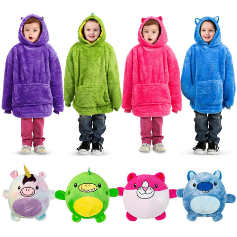 Kids Plush Animal Fleece Hoodie Blanket