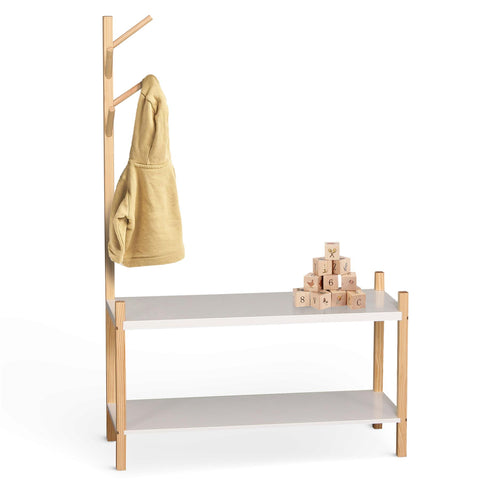 Two Tier Wooden Shoe Rack With Coat Stand 4 Hooks For Jackets Coats Scarves