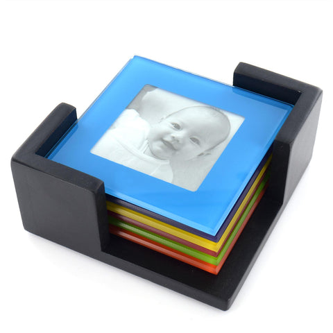 Set Of 6 Coloured Glass Photo Coasters Picture Frame