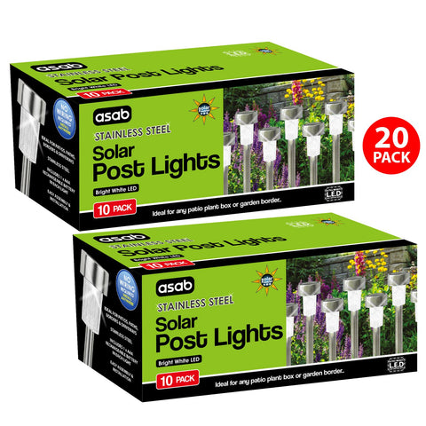 BOX of 10 White Solar Powered Stainless Steel Post Lights