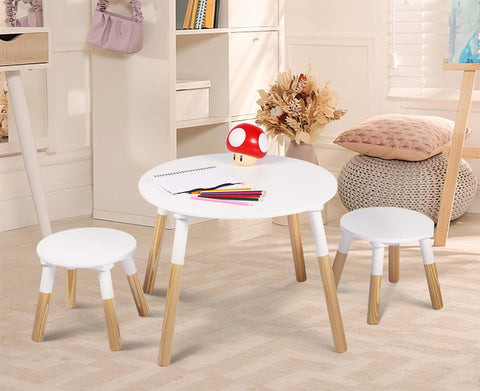 Round Table With 2 Stools White And Brown Wooden Table Chairs