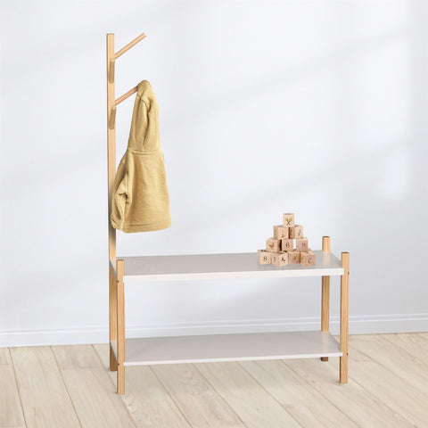 Two Tier Wooden Shoe Rack With Coat Stand 4 Hooks For Jackets Coats Scarves