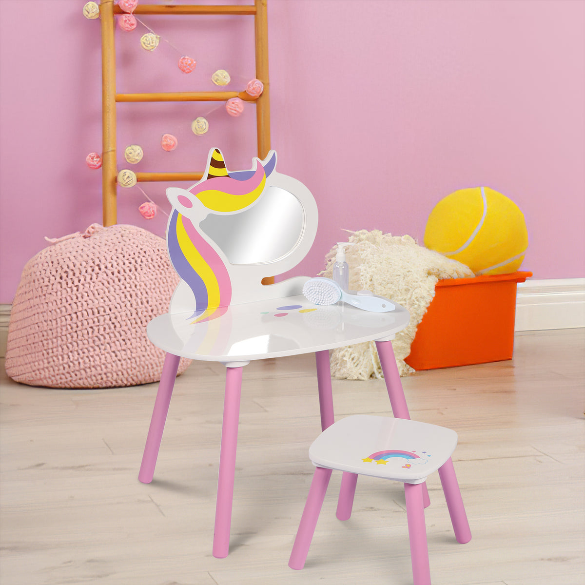 Unicorn Vanity Table With Mirror And Stool Girls Wooden Bedroom Furniture