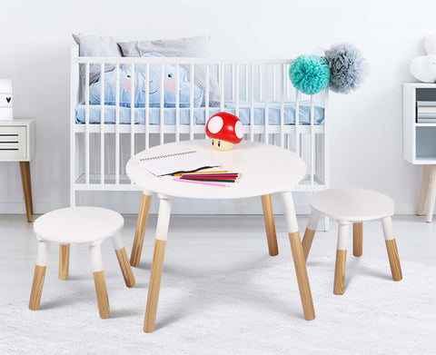 Round Table With 2 Stools White And Brown Wooden Table Chairs