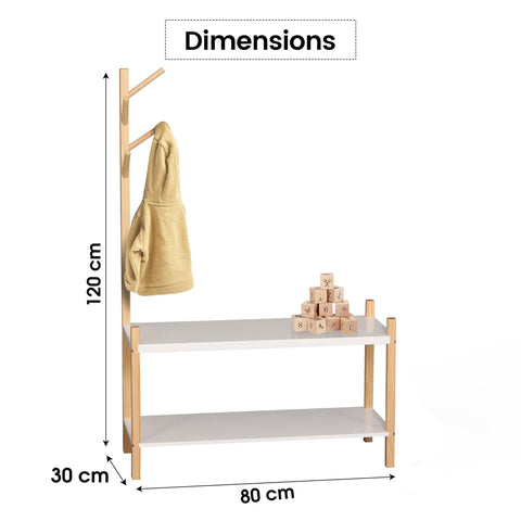 Two Tier Wooden Shoe Rack With Coat Stand 4 Hooks For Jackets Coats Scarves