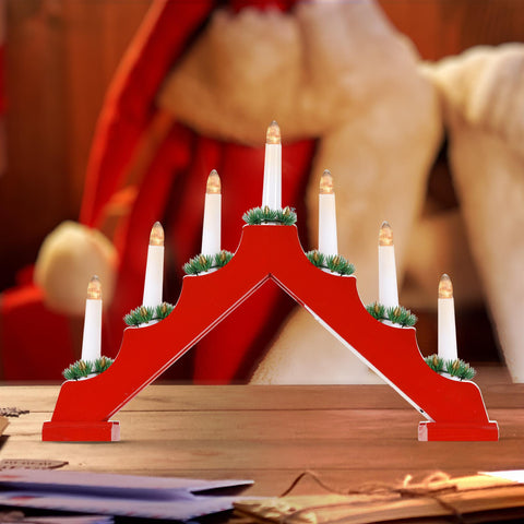 Battery Operated 7 Led Wood Candle Bridge - Red