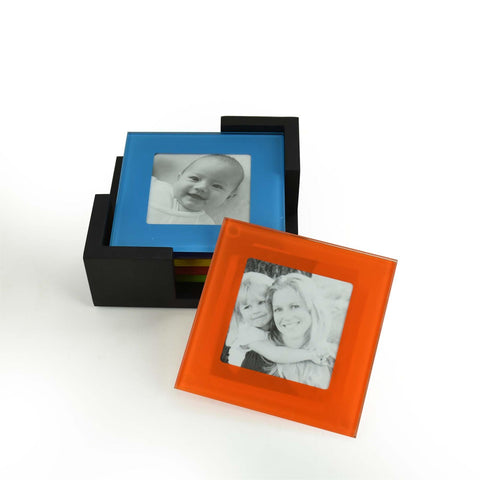 Set Of 6 Coloured Glass Photo Coasters Picture Frame