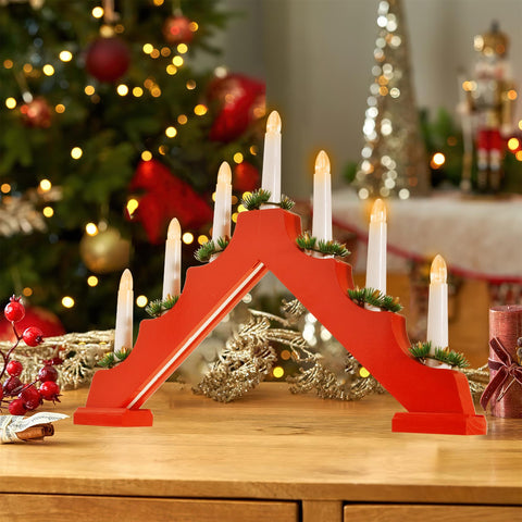 Battery Operated 7 Led Wood Candle Bridge - Red