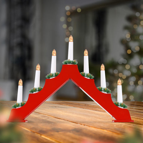 Battery Operated 7 Led Wood Candle Bridge - Red